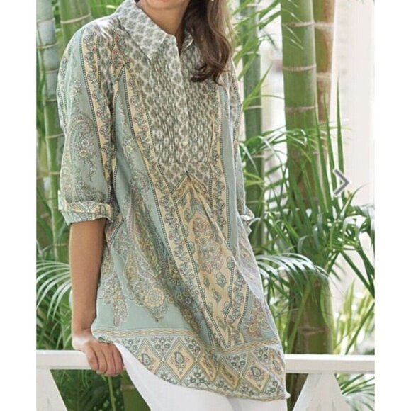 Soft Surroundings Sz M Floral Paisley Print Pintuck Pleated Blouse Popover Top - Picture 7 of 11